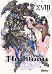  animal_ears artist_name bilingual_commentary card english_text full_body full_moon holding long_sleeves looking_at_another mixed-language_commentary moon original roman_numeral sharp_teeth simple_background sirop tarot tarot_card teeth the_moon_(tarot) 