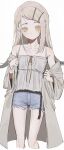  1girl absurdres belt blonde_hair blush clenched_hand closed_mouth collarbone cropped_legs denim denim_shorts expressionless gakuen_idolmaster hair_ornament hairclip highres idolmaster legs long_hair lowleg lowleg_shorts open_clothes open_robe orange_eyes parallel_hairclips parted_bangs robe shinosawa_hiro shorts sidelocks skinny solo tank_top tsuchi_(sh_spica1) white_background white_robe white_tank_top 