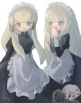  2boys 2girls aaruemu_(rmn9ql) apron black_dress blonde_hair blue_eyes chibi dianna_soreil dress gundam harry_ord highres kihel_heim long_hair loran_cehack maid maid_apron maid_headdress multiple_boys multiple_girls simple_background turn_a_gundam white_background 