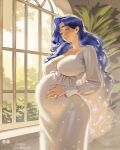  1girl absurdres blue_eyes blue_hair breasts cleavage commentary dress english_commentary grin hand_on_own_stomach highres hololive hololive_english indoors itszenvy large_breasts long_dress long_hair long_sleeves pregnant smile solo standing starry_hair time_mom very_long_hair wavy_hair white_dress 