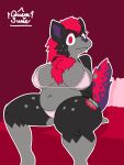 absurd_res anthro bed bikini chest_tuft clothing eyelashes female fluffy fluffy_chest freckled_legs freckled_thighs freckles furniture green_markings heterochromia hi_res hyena kozakura_(kozayeen) leg_markings mammal mane markings pink_bikini pink_clothing pink_swimwear queen_susie red_background red_eyelashes red_mane red_markings red_tuft simple_background slightly_chubby solo split_color_tail spotted_hyena swimwear thigh_markings tuft two-piece_swimsuit