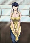  1girl apron black_hair bow breasts brown_eyes chick_print cholesenel denim door hair_bow hands_on_own_thighs jeans maison_ikkoku medium_breasts otonashi_kyouko pants pink_bow pink_shirt piyo_piyo_apron shirt sleeves_rolled_up smile sunlight window wooden_door yellow_apron 