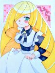  1girl alternate_costume apron black_dress blonde_hair blush buttons dress green_eyes hair_over_one_eye haru_tomo_ohagi long_hair long_sleeves lusamine_(pokemon) maid mature_female pokemon pokemon_sun_and_moon smile solo white_apron 