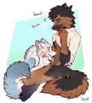 anthro arctic_fox ares black_body black_fur blue_body blue_fur blush bodily_fluids brown_body brown_fur canid canine canis clothing cum domestic_dog duo fox fur genital_fluids german_shepherd handjob heart_symbol herding_dog male male/male mammal pastoral_dog penile sex shirt shirt_up taru tattoo tatujapa text topwear true_fox white_body white_fur