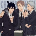  3boys arm_around_another's_back belt_buckle black_hair black_necktie blue_eyes brown_eyes brown_hair buckle chainsaw_man cigarette collared_shirt commentary_request copyright_name english_text grey_hair hair_between_eyes hayakawa_aki high_ponytail highres jacket low_ponytail male_focus multiple_boys necktie piercing ponytail sabakan5555 shirt smile smoke smoking suit suit_jacket suit_pants teth white_shirt 