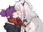  2girls arknights arm_tattoo bead_bracelet beads black_jacket blush bracelet braid closed_eyes colored_skin demon_horns dragon_horns ear_piercing french_kiss grabbing_another's_chin hand_on_another's_chin heart highres horns jacket jewelry kiss lava_(arknights) long_hair mabing multicolored_hair multiple_girls nian_(arknights) open_clothes open_jacket piercing pointy_ears ponytail purple_eyes purple_hair red_hair red_shirt red_skin saliva saliva_trail shirt short_hair short_twintails sidelocks simple_background streaked_hair sweatdrop tattoo tongue tongue_out twintails white_background white_hair white_jacket yuri 