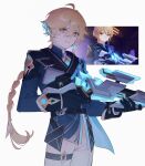  1boy absurdres aether_(genshin_impact) aether_(snezhnaya)_(genshin_impact) ahoge armor belt black_belt black_gloves blonde_hair blue_cape blue_jacket blue_shirt braid cape closed_mouth cowboy_shot derivative_work earpiece earrings english_commentary genshin_impact gloves gold_trim grey_armor grey_pants hair_between_eyes hair_ornament hair_ribbon hair_tubes hands_up highres holding jacket jewelry lapels long_hair long_sleeves looking_afar looking_down low-braided_long_hair low-tied_long_hair male_focus official_alternate_costume pants ribbon screenshot_redraw shirt shoulder_armor simple_background single_braid single_earring single_hair_tube solo standing suspicious_dish thigh_strap white_background white_ribbon yellow_eyes 