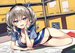  arm_support beret black_bra black_panties blue_eyes box bra breasts cardboard_box chin_rest cleavage employee_uniform hat kantai_collection kashima_(kantai_collection) large_breasts lawson looking_at_viewer moriki no_pants open_clothes open_mouth open_shirt panties paper shirt short_sleeves silver_hair smile solo striped striped_shirt teeth tsurime twintails underwear uniform wavy_hair 