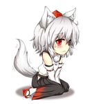  :&lt; animal_ears bare_shoulders blush detached_sleeves geta hat hyoumon_(saihokutan) inubashiri_momiji looking_at_viewer looking_to_the_side pom_pom_(clothes) red_eyes short_hair silver_hair simple_background sitting solo sweat tail tokin_hat touhou white_background wide_sleeves wolf_ears wolf_tail 