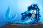 2021 3:2 anthro aqualia_(aquatic-magic) aquatic beckoning big_breasts blue_body blue_hair blue_markings blue_scales bottomwear breasts bubble clothed clothing countershading dragon featureless_breasts female fin gesture hair head_fin hi_res jewelry light light_beam long_hair looking_at_viewer lying magic markings merfolk mythological_creature mythological_scalie mythology navel necklace on_rock on_side open_mouth red_eyes rock roxlyde scales scalie solo split_form sunbeam sunlight topless topless_anthro topless_female underwater water white_body white_countershading
