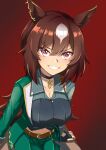  1girl absurdres animal_ears asymmetrical_jacket blush breasts brown_hair collarbone ear_ornament green_jacket green_pants grin hair_between_eyes highres horse_ears horse_girl horse_tail jacket kotatudogs large_breasts long_hair long_sleeves looking_at_viewer midriff_peek multicolored_hair navel open_mouth pants pendant_choker red_eyes shirt simple_background sirius_symboli_(umamusume) smile solo streaked_hair tail teeth umamusume very_long_hair white_hair 