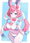 abstract_background accessory anthro bikini blue_background blue_eyes blush bow_ribbon clothing eeveelution eyelashes female fur generation_6_pokemon hair hair_accessory hair_bow hair_ribbon hand_on_chest heart_symbol hi_res looking_at_viewer methynecros nintendo pink_hair pink_tail pokemon pokemon_(species) ribbons simple_background smile solo swimwear sylveon tail two-piece_swimsuit white_body white_fur