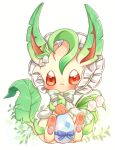  absurdres blush bonnet brown_eyes closed_mouth clothed_pokemon commentary_request easter_egg egg flower highres leaf leafeon no_humans no_sclera pokemon pokemon_(creature) pokemon_focus sitting smile uoxou_470 white_background 