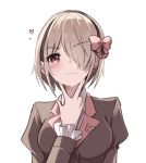  1girl blush bow brown_hair closed_mouth hair_bow hair_over_one_eye heart heaven_burns_red kayamori_ruka looking_at_viewer one_eye_covered pink_bow puyopiku red_eyes short_hair simple_background upper_body v v_over_head white_background 