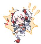  ! 1girl :3 ahoge arknights bandeau bead_bracelet beads blush boots bracelet braid chibi chili_pepper closed_mouth crop_top dragon_girl dragon_horns dragon_tail fang fire flame-tipped_tail full_body horns jacket jewelry long_sleeves looking_at_viewer mabing midriff multicolored_hair navel nian_(arknights) open_clothes open_jacket pointy_ears ponytail purple_eyes red_bandeau red_hair shorts simple_background skin_fang smile solo strapless streaked_hair tail tube_top white_background white_boots white_hair white_jacket white_shorts 