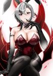  1girl absurdres akizuki_momiji animal_ears arlecchino_(genshin_impact) bare_shoulders black_hands black_pantyhose black_streaks breasts cleavage collar collarbone colored_extremities commentary_request detached_collar fake_animal_ears genshin_impact grey_eyes grey_hair hair_between_eyes hand_up highres large_breasts leotard looking_at_viewer multicolored_hair pantyhose parted_lips playboy_bunny rabbit_ears red_leotard red_pupils sitting solo strapless strapless_leotard streaked_hair symbol-shaped_pupils white_background white_collar x-shaped_pupils 