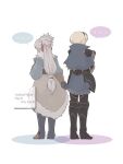  2boys absurdres blonde_hair couple fire_emblem fire_emblem_fates from_behind grey_hair hair_ribbon high_ponytail highres leo_(fire_emblem_fates) male_focus multiple_boys nknaxs ponytail ribbon speech_bubble takumi_(fire_emblem) yaoi 