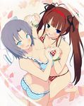  2girls ahoge ass bare_legs barefoot bikini black_hair blue_bikini blue_eyes blush breast_press breasts brown_hair cleavage frilled_bikini frills green_eyes hair_ribbon hairband heart heart_ahoge heart_hands heterochromia imageboard_sample large_breasts looking_back multiple_girls official_art polka_dot polka_dot_bikini ribbon ryoubi_(senran_kagura) scan senran_kagura standing standing_on_one_leg swimsuit symmetrical_docking twintails yaegashi_nan yumi_(senran_kagura) 