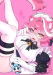  1girl alternate_costume animal_ear_fluff animal_ears bell black_bow black_bowtie bow bowtie braid braided_ponytail breasts chattino_(raora_panthera) collared_dress dress english_commentary fang feet_out_of_frame frilled_dress frilled_gloves frilled_headwear frills gloves hair_between_eyes hair_intakes hair_ornament hairclip heart heart_in_eye hololive hololive_english large_breasts legs_up long_braid looking_at_viewer lying maid maid_headdress messy_hair multicolored_hair open_mouth panther_ears panther_girl panther_tail parallel_hairclips pink_background pink_hair pink_tail raora_panthera simple_background skin_fang solo_focus sparkle streaked_hair striped_bow striped_bowtie striped_clothes symbol_in_eye tail thigh_strap thighhighs two-tone_tail white_gloves white_streaks white_tail white_thighhighs x_hair_ornament yellow_eyes yuuppi zipper 