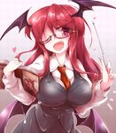  bespectacled between_breasts book breasts demon_girl demon_wings fangs fumitsuki_(minaduki_6) glasses head_wings heart impossible_clothes juliet_sleeves koakuma large_breasts long_hair long_sleeves looking_at_viewer necktie necktie_between_breasts one_eye_closed open_mouth pointer puffy_sleeves recursion red_eyes red_hair shirt skirt skirt_set smile solo touhou vest wings 