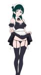  1girl absurdres annoyed apron ass_visible_through_thighs bare_shoulders black_panties blue_eyes blunt_bangs breasts cleavage clothes_lift commentary detached_collar dress dress_lift english_commentary feet_out_of_frame garter_straps green_hair hair_between_eyes highres k.row kusuriya_no_hitorigoto lifting_own_clothes lingerie maid maid_apron maid_headdress maomao_(kusuriya_no_hitorigoto) panties pout simple_background small_breasts solo thigh_gap thighhighs underwear unfinished upper_body white_background zettai_ryouiki 
