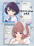  2girls animal_ear_headphones animal_ears azabu_mai blue_eyes blue_hair brown_hair cat_ear_headphones cat_ears chamomile_tea38 chat_log commentary_request desktop_(computing) fake_animal_ears headphones highres ikizulive!_love_live!_bluebird jacket love_live! multiple_girls purple_eyes sasaki_shion short_hair speech_bubble upper_body white_jacket 