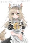  1girl absurdres alternate_costume animal_ear_fluff animal_ears apron arknights black_choker black_dress blonde_hair blush choker closed_mouth collared_dress commentary_request dated dog_ears dog_girl dog_tail dress enmaided frilled_apron frilled_dress frills green_eyes hair_between_eyes hair_ornament hairclip highres infection_monitor_(arknights) long_hair looking_at_viewer maid maid_apron maid_headdress mei_aksss multiple_hair_clips neck_ribbon own_hands_together podenco_(arknights) puffy_short_sleeves puffy_sleeves ribbon short_sleeves smile solo tail translation_request twitter_username upper_body waist_apron white_apron x_hair_ornament yellow_ribbon 