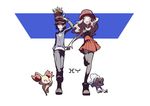  2boys ;d animal animal_on_head arm_behind_head arm_up black_hair black_legwear blonde_hair calme_(pokemon) chespin copyright_name domu_(hamadura) eyewear_on_head fennekin froakie gen_6_pokemon hand_in_pocket hat high-waist_skirt long_hair looking_at_another multiple_boys on_head one_eye_closed open_mouth pants pleated_skirt pokemon pokemon_(creature) pokemon_(game) pokemon_on_head pokemon_xy red_hat red_skirt serena_(pokemon) shading_eyes shoes skirt sleeveless smile sunglasses thighhighs walking white_background yellow_eyes 