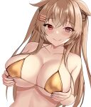  1girl bare_arms bikini breasts brown_eyes brown_hair cleavage collarbone commentary_request gold_bikini hair_ornament hairclip heterochromia highres kantai_collection large_breasts long_hair looking_at_viewer montemasa murasame_(kancolle) red_eyes sidelocks simple_background smile solo standing swimsuit upper_body white_background 