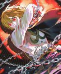  1boy absurdres androgynous blonde_hair blue_tabard chain crystal_earrings earrings hand_chains highres hunter_x_hunter jewelry kurapika male_focus solo tabard yuju_8852 