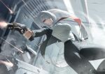  1girl absurdres aiming ak-15_(erwin)_(girls'_frontline) ak-15_(girls'_frontline) belt black_belt black_pants black_suit breasts business_suit buttons commentary_request english_commentary finger_on_trigger firing formal_clothes girls'_frontline girls'_frontline_2:_exilium grey_hair gun hair_over_one_eye handgun highres holding holding_gun holding_weapon long_hair long_sleeves medium_breasts necktie official_alternate_hairstyle one_eye_covered pants purple_eyes red_necktie red_pupils shell_casing shirt solo suit tm9090 voymastina_(girls'_frontline_2) weapon white_shirt 