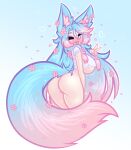  1girl absurdres animal_ears ass blue_background blue_eyes blue_hair blue_tail breasts flower from_behind gradient_hair gradient_tail hair_flower hair_ornament heart heart-shaped_pupils highres indie_virtual_youtuber large_breasts limebreaker long_hair looking_at_viewer multicolored_hair multicolored_tail pink_flower pink_hair pink_tail shirt silvervale silvervale_(sakura_goddess) solo symbol-shaped_pupils tail thighs tongue tongue_out torn_clothes torn_shirt underboob v virtual_youtuber wolf_ears wolf_girl wolf_tail 