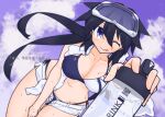  1girl ;d bikini black_hair blue_eyes bottle breasts diving_mask full_body goggles highres holding ibis1 large_breasts long_hair looking_at_viewer nagika_umino_(ibis1) navel one_eye_closed open_clothes open_fly open_mouth open_pants open_shorts original pants qr_code short_hair_with_long_locks short_shorts shorts smile solo swimsuit unzipped water_bottle 