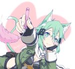  1girl animal_ear_fluff animal_ears aqua_eyes aqua_hair armored_leotard artist_name asagi501 belt belt_pouch black_belt black_gloves black_leotard black_trim breasts breasts_apart cat_ears cat_girl cat_tail cat_teaser closed_mouth commentary_request cropped_jacket double-parted_bangs fingerless_gloves gloves green_jacket hair_between_eyes hair_ornament hairclip head_on_hand heart heart_background highres holding holding_cat_teaser jacket kemonomimi_mode leotard looking_at_viewer lying medium_breasts medium_hair messy_hair midriff multicolored_jacket multicolored_leotard on_stomach open_clothes open_jacket pink_background playing_with_animal pouch scarf sinon smile solo split_mouth sword_art_online tail tassets twitter_username two-tone_jacket two-tone_leotard variant_set watermark white_background white_jacket white_leotard white_scarf 