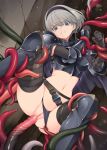 1girl armor armored_boots armored_legwear belt belt_buckle black_hairband black_knightess_(kirishima_satoshi) boots breastplate breasts brown_gloves buckle cape censored clenched_teeth clothing_aside commentary_request elbow_gloves gauntlets gloves greaves grey_eyes grey_hair hairband imminent_penetration imminent_rape imminent_vaginal kirishima_satoshi knight leg_armor mosaic_censoring navel original panties panties_aside pauldrons penis_tentacle poleyn pussy restrained short_hair shoulder_armor solo super_highleg teeth tentacles underwear vambraces 