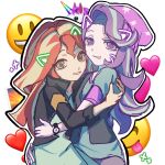  2girls :d :p aegyo_sal alternate_skin_color animal_ears aqua_dress aqua_shirt aqua_streaks armband bare_arms beanie black_jacket blonde_streaks cat_ears chinese_commentary closed_mouth collared_jacket commentary_request cowboy_shot curtained_hair double-parted_bangs drawn_ears drawn_whiskers dress emoji equestria_girls:_rainbow_rocks green_eyes grey_pants grin hair_between_eyes hand_on_another's_waist hands_on_another's_back hat heads_together heart heart_background highres hug hulianwangpingguo jacket long_hair looking_at_viewer multicolored_hair multiple_girls mutual_hug my_little_pony my_little_pony:_equestria_girls my_little_pony:_friendship_is_magic official_alternate_costume open_clothes open_jacket orange_armband outline pants pink_hat pink_trim puffy_short_sleeves puffy_sleeves purple_eyes purple_hair red_hair shirt short_sleeves sidelocks simple_background sleeveless sleeveless_jacket smile sparkle standing star_(symbol) star_print starlight_glimmer starlight_glimmer_(equestria_girls) streaked_hair sunset_shimmer sunset_shimmer_(human) tongue tongue_out two-tone_hair unicorn v-neck very_long_hair watch wavy_hair white_background white_outline wristwatch 