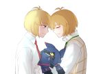 anthro bandai_namco black_body black_fur blonde_hair blue_eyes blush brother_(lore) brothers_(lore) chiropmon cloak clothing cowl digimon digimon_(species) digimon_beatbreak fur grin group hair hi_res human makoto_kuonji male mammal noire02_a sharp_teeth sibling_(lore) smile teeth trio tsukasa_kuonji twins_(lore) wings yellow_eyes
