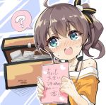  1girl ? ahoge blue_eyes blush book brown_hair chest collarbone commentary_request dated ekakibito hair_ornament hair_ribbon holding holding_book hololive looking_at_viewer natsuiro_matsuri open_mouth portrait ribbon side_ponytail signature simple_background solo sweat sweating_profusely virtual_youtuber 