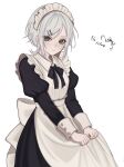 1girl :t alternate_costume alternate_hairstyle apron apron_hold berrytrt black_bow black_bowtie black_dress bow bowtie closed_mouth collared_dress contrast_collar cowboy_shot dated dot_nose dress enmaided frilled_apron frills green_eyes grey_hair hair_ornament hairclip highres hinomori_shiho juliet_sleeves light_blush long_dress long_sleeves looking_at_viewer maid maid_apron maid_day maid_headdress pout project_sekai puffy_sleeves short_hair sidelocks simple_background solo translated tsurime white_apron white_background white_headdress x_hair_ornament 
