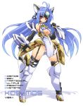  1girl android blue_hair breasts character_name cleavage elbow_gloves garter_belt gloves hand_up karukan_(monjya) kos-mos kos-mos_ver._4 large_breasts legs_apart long_hair looking_at_viewer open_hand outstretched_arm red_eyes revision solo standing thighhighs very_long_hair weapon white_background xenosaga xenosaga_episode_iii 