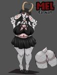 absurd_res anthro anus big_breasts big_butt bottomwear bovid breasts butt caprine clothing eyeshadow fan_character female fishnet_clothing fishnet_legwear fuzymuze goat hi_res hooves horn huge_butt leather legwear makeup mammal nipples nude peace_symbol skirt smug solo wide_hips