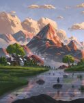  1boy absurdres bird black_boots blue_jacket blue_sky boots cloud english_commentary flower grass grey_pants highres jacket mountain original outdoors pants philip_sue_art reflection rock scenery sky solo tree water yellow_flower 