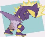 ambiguous_gender amped_toxtricity anthro clothed clothing diaper diaper_only digital_media_(artwork) electricity eyes_closed feces generation_8_pokemon holding_chest mohawk nintendo pokemon pokemon_(species) pooping purple_body scrunchy_face side_view simple_background soiled_diaper soiling soiling_diaper solo tail topless toxtricity tyggles_(artist) unclean_diaper used_diaper using_diaper wearing_diaper