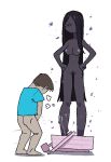 1boy 1girl ass barefoot black_hair blue_shirt boat brown_hair completely_nude cum dark-skinned_female dark_skin enderman feet_out_of_frame from_behind full_body hair_over_one_eye hands_on_own_hips lewdfish long_hair looking_at_another masturbation minecraft nipples no_mouth no_pants nude oar personification pubic_hair purple_eyes ribs shirt short_hair skinny steam steve_(minecraft) stomach stuck tall_female watercraft white_background 