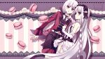  1boy 1girl 2ruvery black_eyes border bow_hairband braid bright_pupils commentary fate/strange_fake fate_(series) food francesca_prelati_(fate) francois_prelati_(fate) garter_straps hairband highres lace lace_border leotard long_hair looking_at_viewer macaron ornate_border ringed_eyes short_hair smile striped_background very_long_hair white_hair 