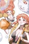  absurdres bangle blush bracelet braid breasts bubble cape choker cleavage clima-tact closed_mouth cloud collarbone commentary covering_own_mouth crop_top floating_hair fur_cape hand_to_own_mouth hat highres holding holding_staff jewelry large_breasts long_hair mini_hat multiple_views nami_(one_piece) official_alternate_costume official_alternate_hairstyle one_piece orange_eyes orange_hair single_braided_sidelock smile staff stonewhale0304 tongue tongue_out untranslatable_commentary upper_body yellow_cape zeus_(one_piece) 