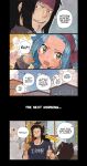  1girl 2boys alt_text animal_ears black_hair blue_hair blush brown_eyes commentary cup english_text fairy_tail fake_animal_ears fangs gajeel_redfox hairband highres holding holding_cup levy_mcgarden multiple_boys pantherlily ponytail rusky scar scar_on_face sidelocks sparkle speech_bubble 