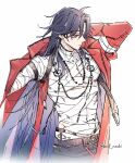 1boy absurdres ahoge bad_nachi bandages bead_necklace beads belt blade_(honkai:_star_rail) blue_hair clothing_cutout commentary curtained_hair expressionless highres honkai:_star_rail honkai_(series) jacket jewelry long_hair male_focus mortenax_blade_(honkai:_star_rail) necklace open_clothes open_jacket orange_eyes pants simple_background toned toned_male untranslatable_commentary very_long_hair 