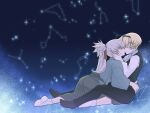  2boys alternate_costume blonde_hair bow closed_eyes constellation couple facing_another fire_emblem fire_emblem_fates grey_hair hair_bow highres imminent_kiss leo_(fire_emblem_fates) male_focus multiple_boys nknaxs red_ribbon ribbon takumi_(fire_emblem) yaoi 