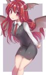  asa_(coco) bat_wings blush colored_eyelashes head_wings koakuma lavender_background long_hair long_sleeves looking_at_viewer necktie red_eyes red_hair shirt simple_background skirt skirt_set smile solo touhou vest wings 